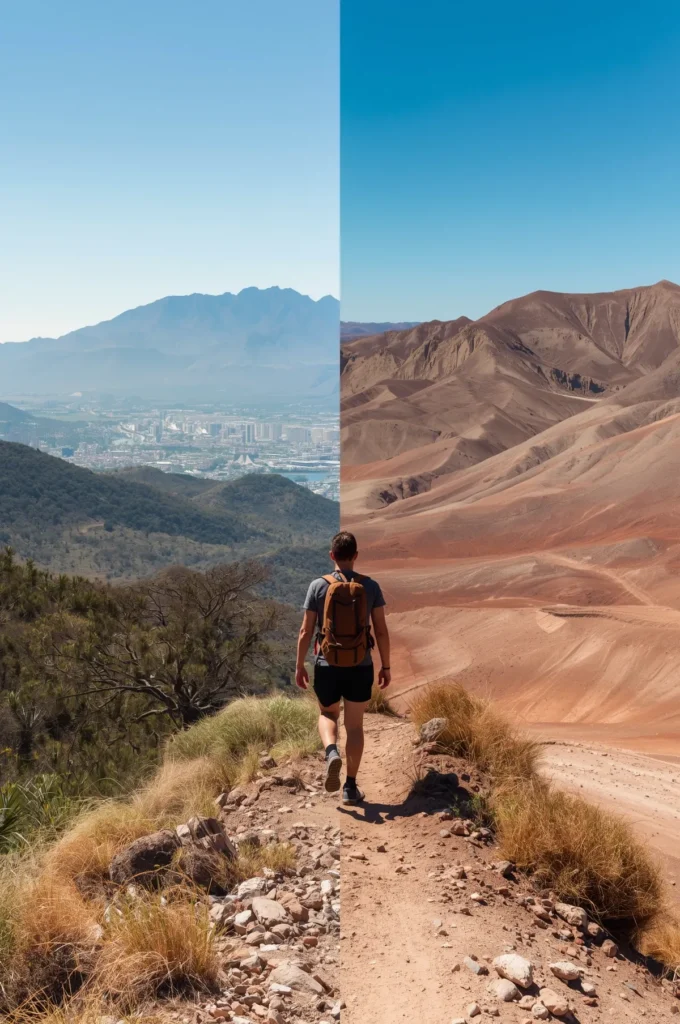 Hiker em um deserto com paisagens áridas e montanhas ao fundo.