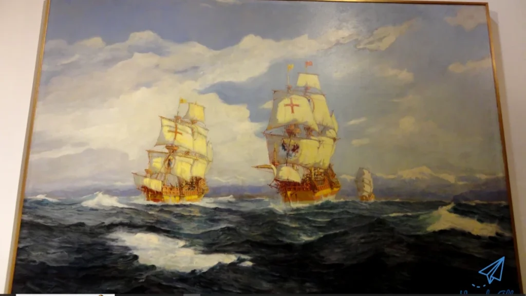 Navios à vela representados em uma pintura histórica.