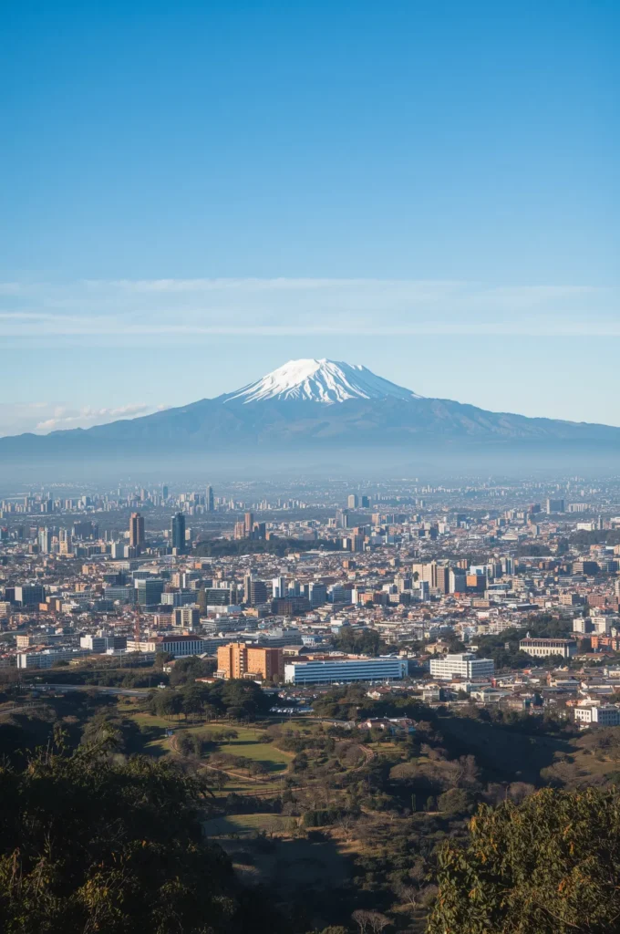 Vista panorâmica de Santiago com montanhas ao fundo.