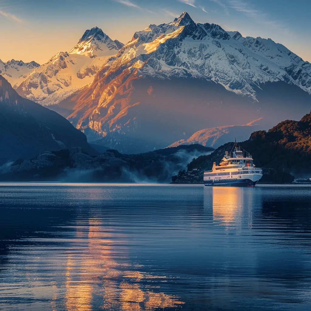 um luxuoso navio de cruzeiro desliza majestoso pelas águas azuis dos fiordes chilenos, refletindo o brilho dourado do pôr do sol, enquanto montanhas cobertas de neve se erguem ao fundo, criando uma atmosfera de aventura e beleza natural.