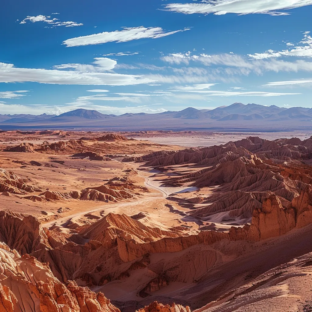 uma vasta paisagem do deserto do atacama, repleta de impressionantes cânions e dunas esculpidas pela erosão, sob um céu azul profundo e radiante, capturando a essência única deste destino fascinante.