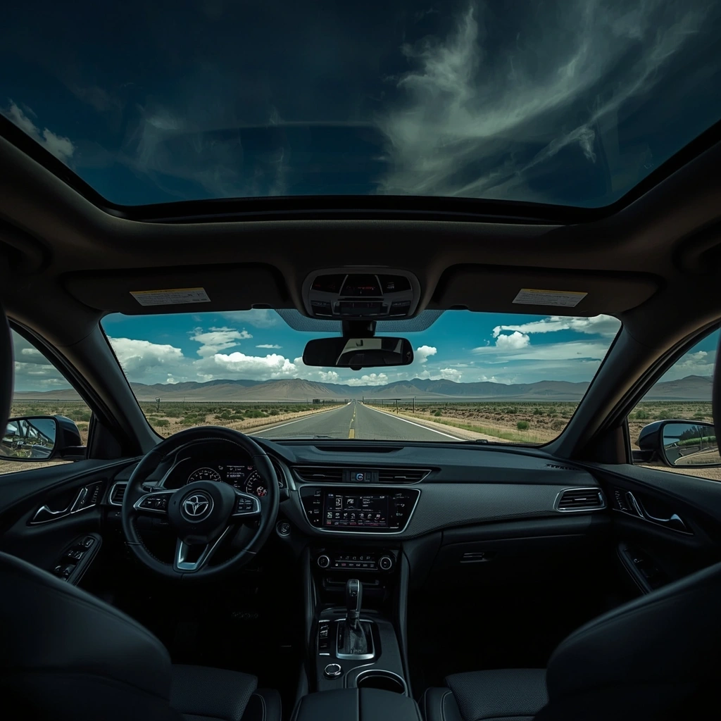 Vista interior de carro alugado nas estradas do Chile
