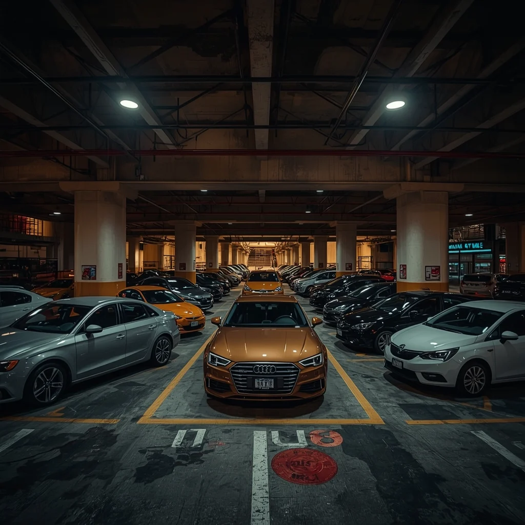 Carros variados estacionados em garagem subterrânea em Santiago