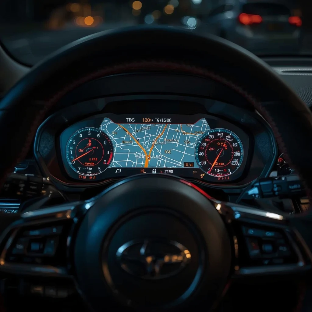 Painel digital de carro com GPS ativo em Santiago