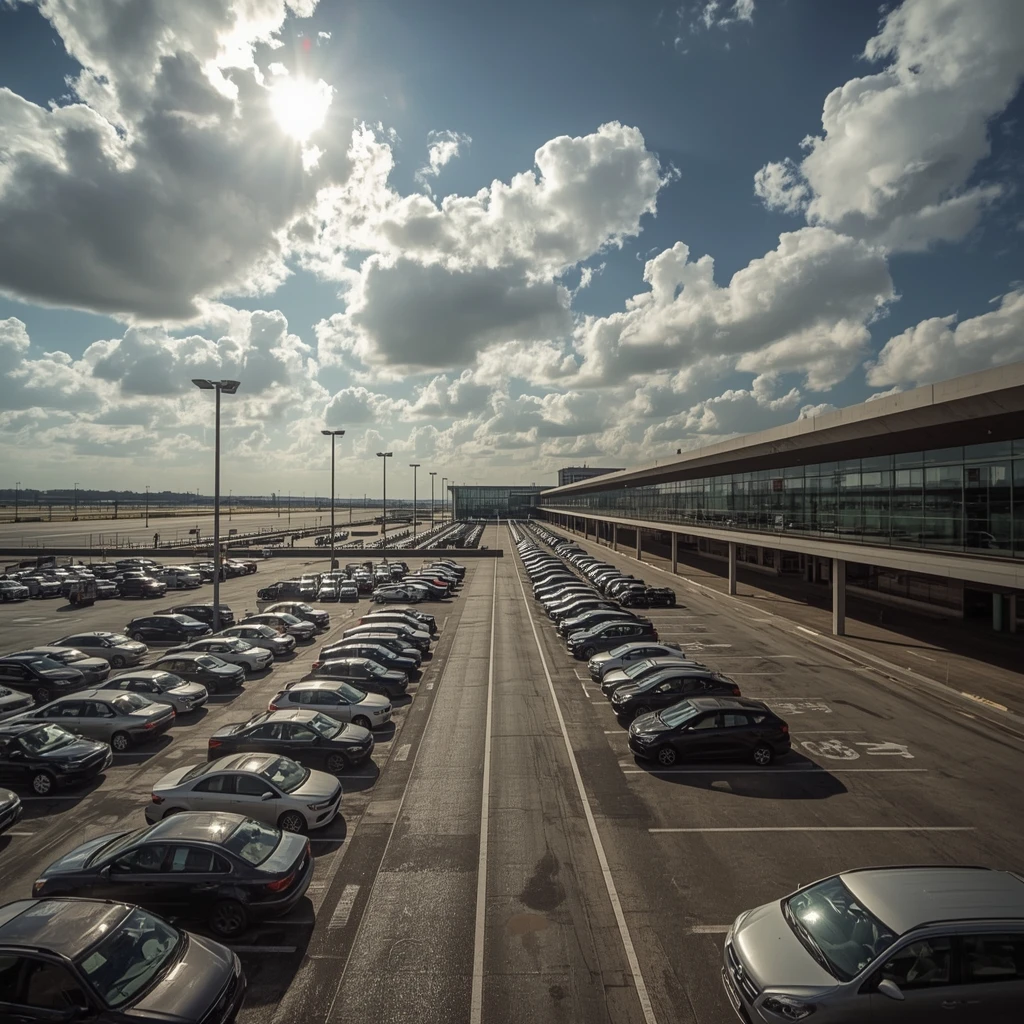 Estacionamento do aeroporto de Santiago repleto de carros
