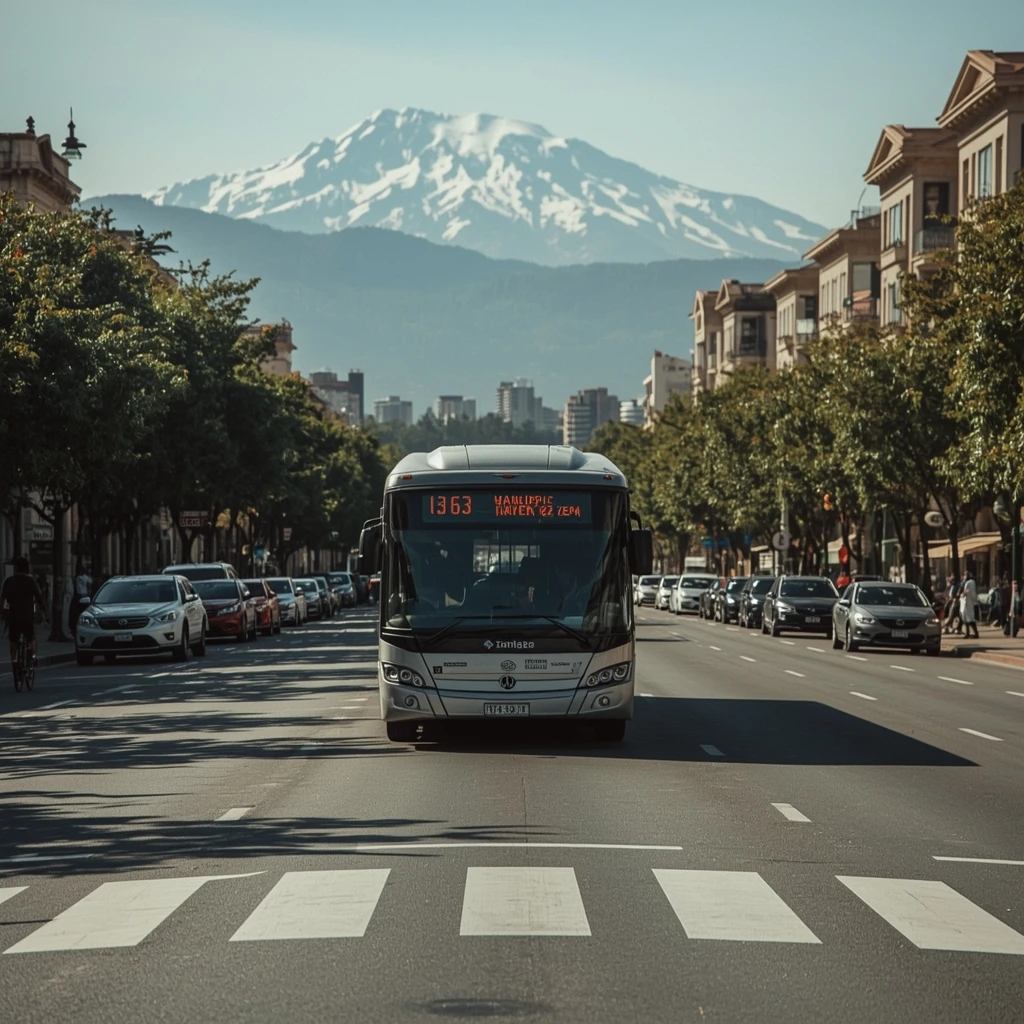 Ônibus circulando no centro de Santiago com montanha ao fundo