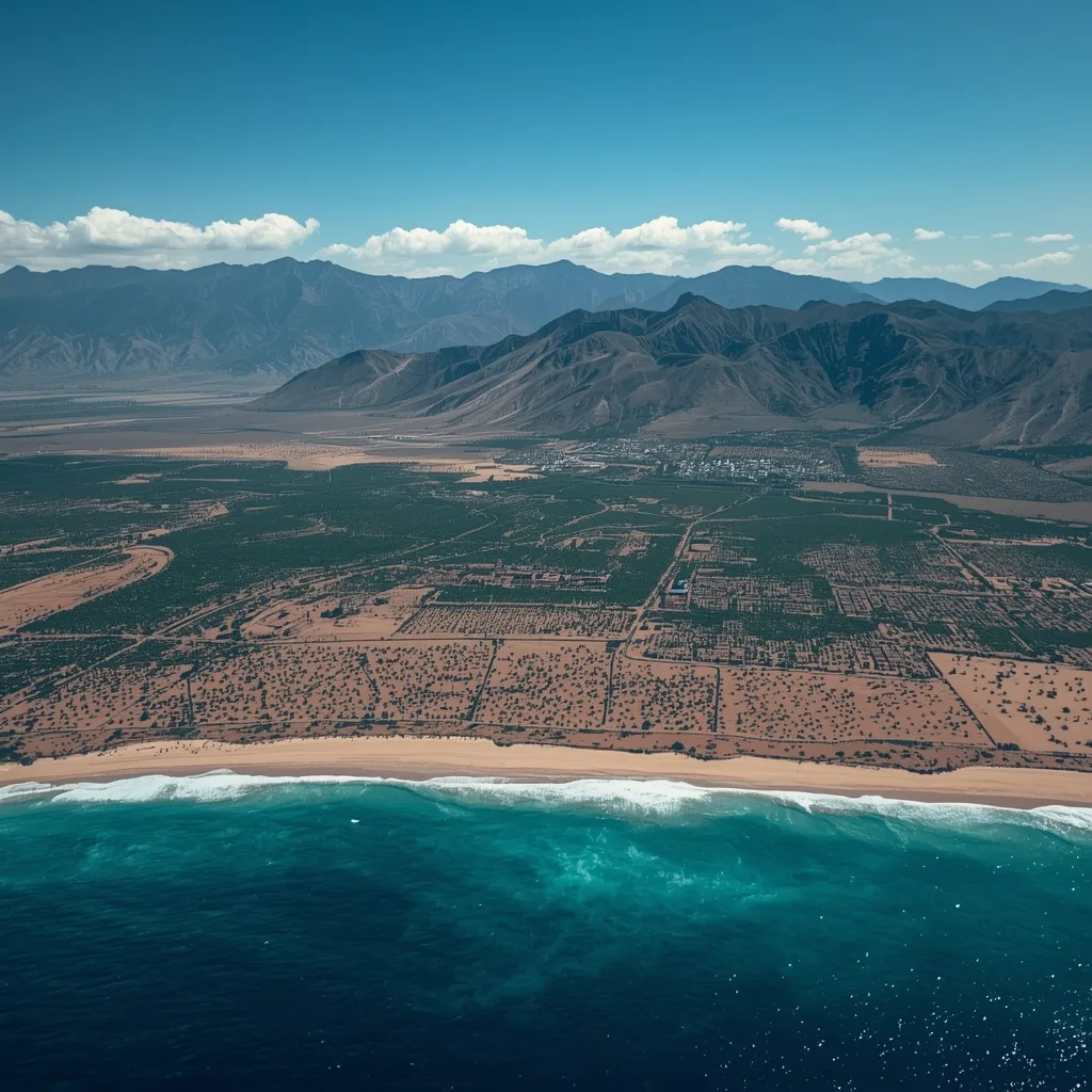 Vista aérea de uma região costeira com montanhas ao fundo, mostrando uma combinação de terra e mar.