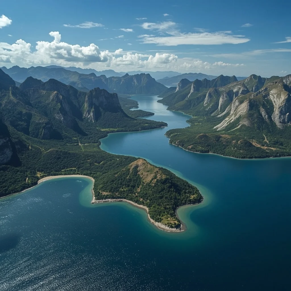 Uma vista aérea de uma costa com montanhas ao fundo, capturando a beleza natural do local.