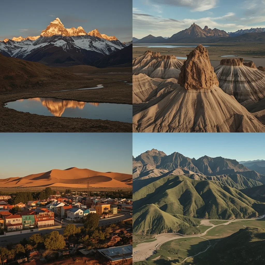 Um conjunto de paisagens dramáticas, incluindo montanhas cobertas de neve, dunas de deserto e terrenos montanhosos.