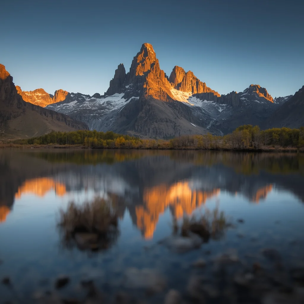 Montanha imponente refletida em um lago tranquilo, criando uma cena serena e pacífica.