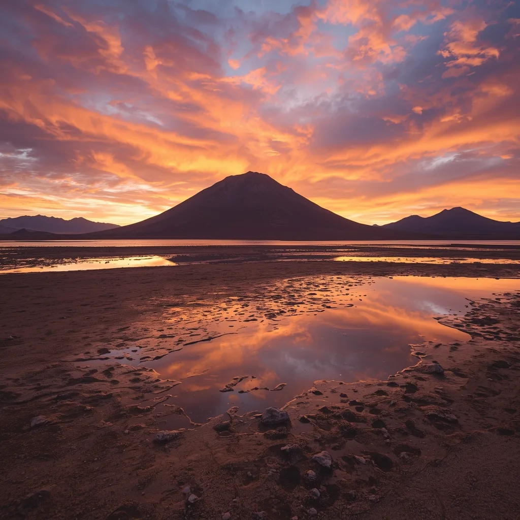 Paisagem desértica com montanhas ao fundo e cores vibrantes ao entardecer.