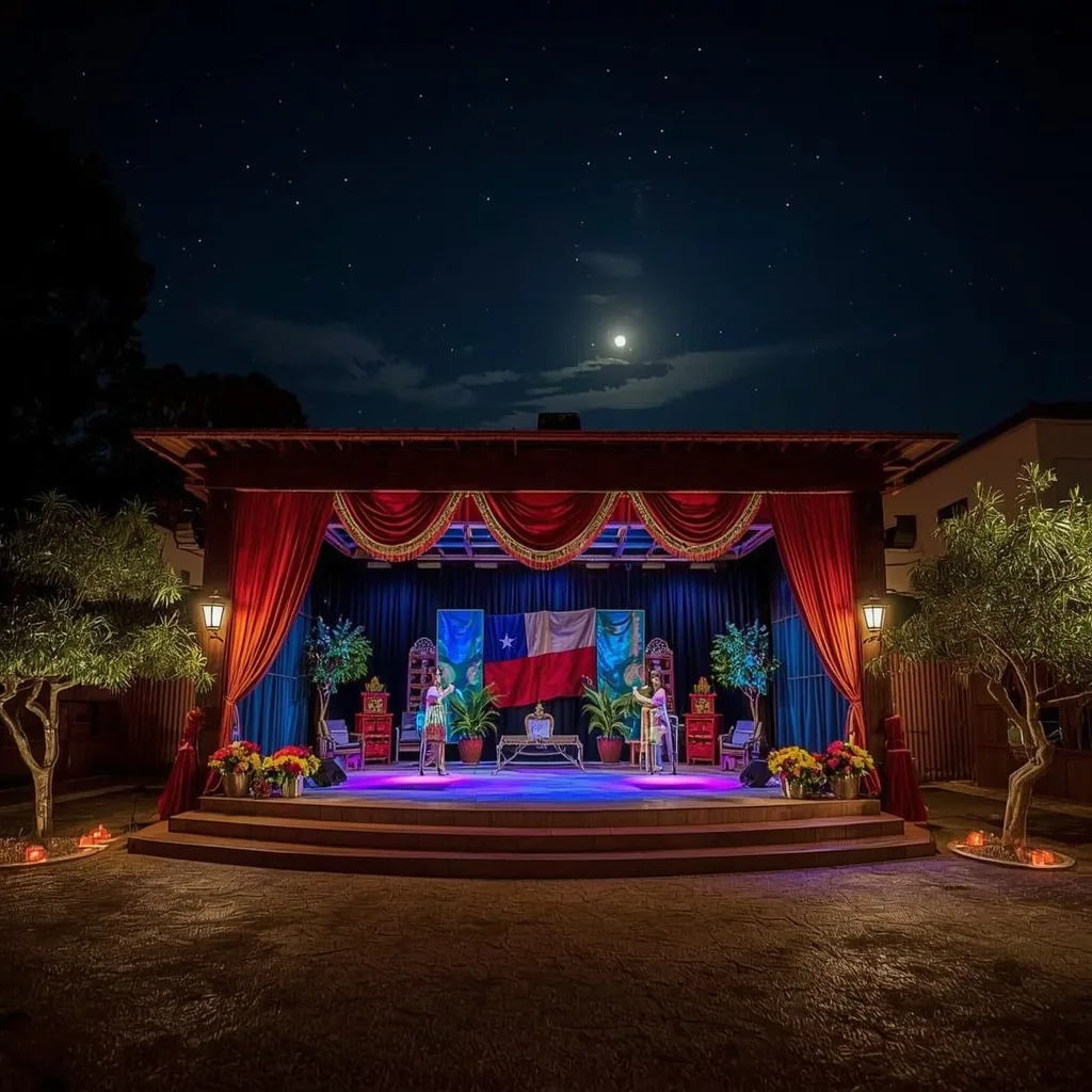 Um palco iluminado à noite com bandeiras e decoração colorida, proporcionando uma vista vibrante.