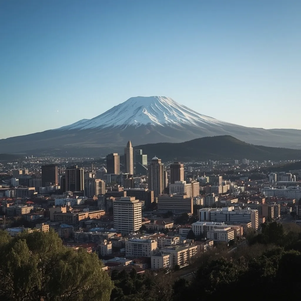 Vista de uma cidade com o Monte Fuji ao fundo, mostrando a combinação de paisagem urbana e natural.