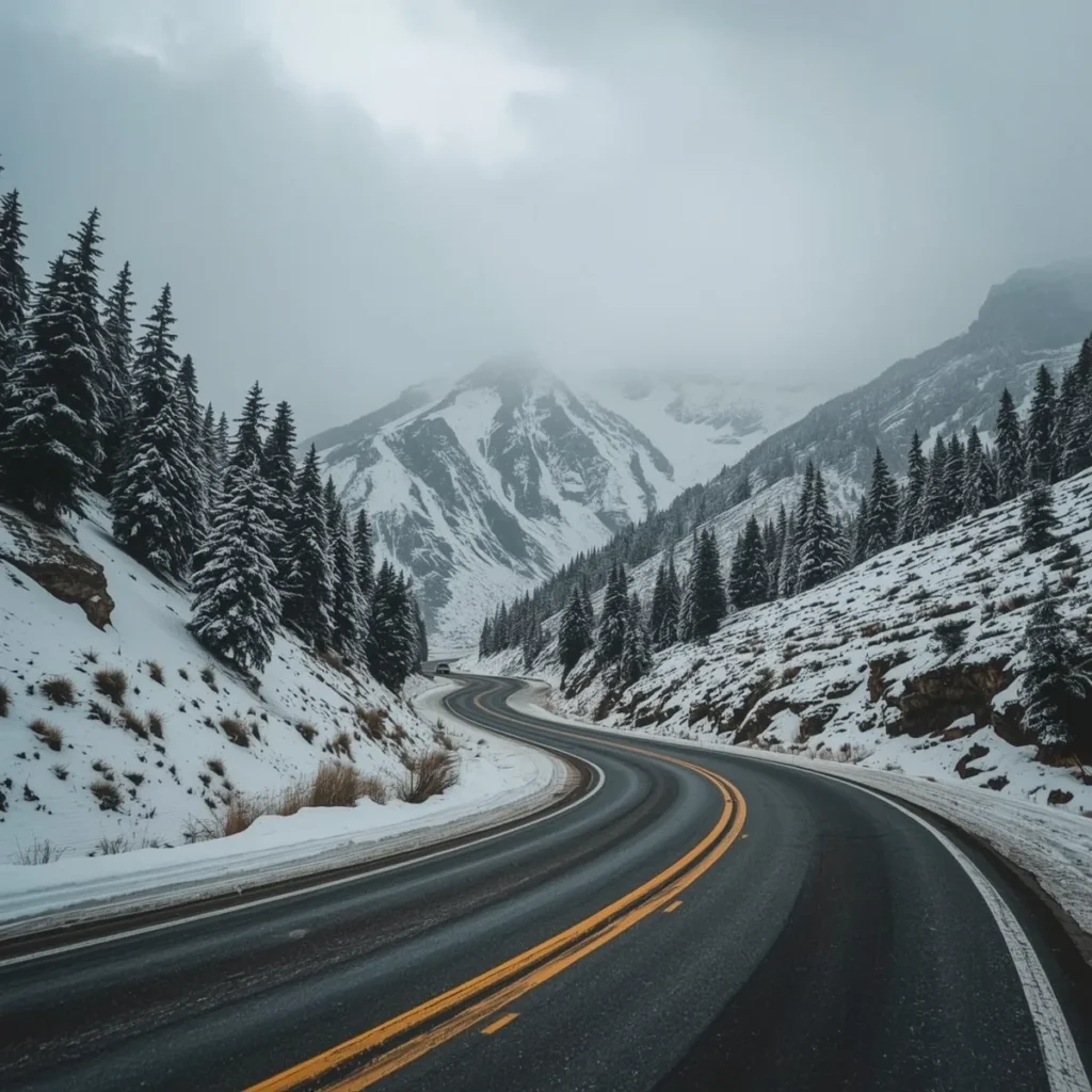 Estrada sinuosa com neve nas montanhas chilenas