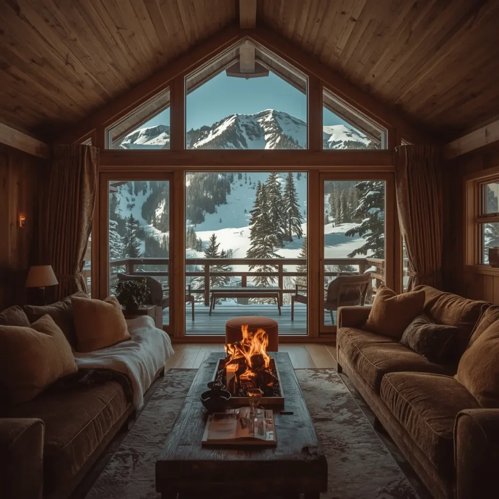 Interior aconchegante de chalé com lareira e vista para montanhas nevadas