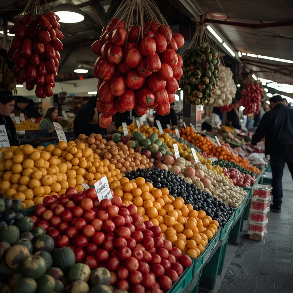 Mercado La Vega em Santiago com frutas e verduras coloridas
