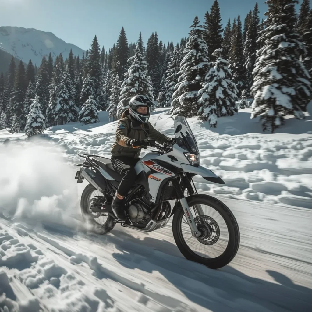 Motocicleta navegando em estrada nevada nas montanhas dos Andes