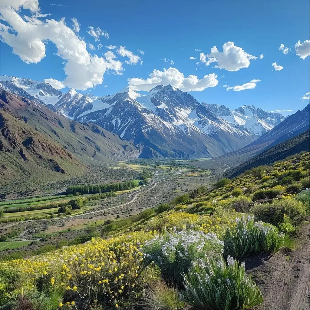 Vista natural no Chile com montanhas dos Andes em destaque no contexto do mapa do Chile e Brasil