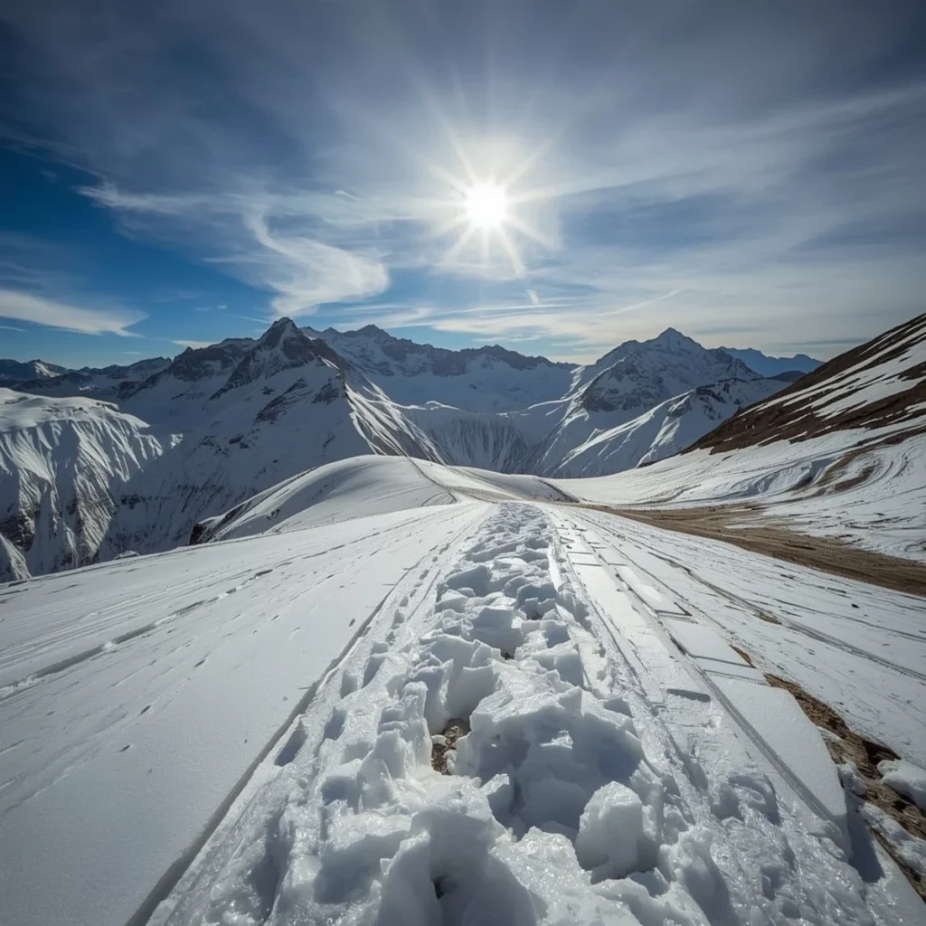 Trilha na neve com pegadas levando às montanhas dos Andes