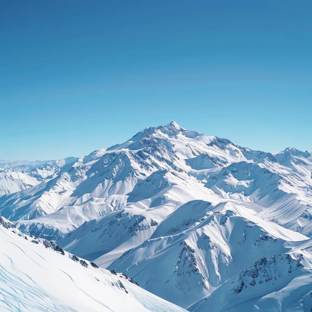 una majestosa paisagem dos andes chilenos cobertos de neve, com picos dramáticos contrastando contra um céu azul claro, transmitindo a beleza serena e a imensidão do inverno chileno.