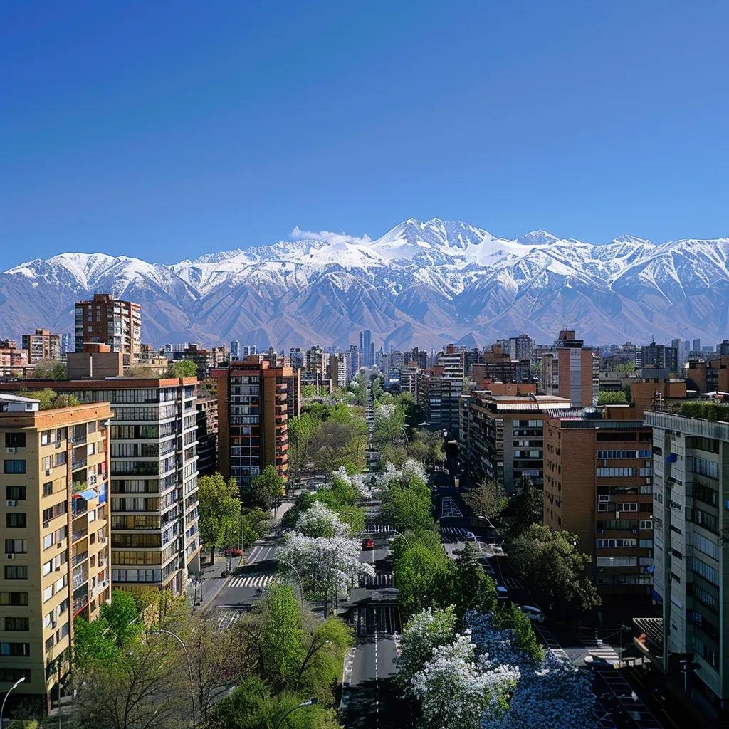 uma vista panorâmica de santiago em setembro, com as majestosas montanhas dos andes cobertas de neve ao fundo, ruas urbanas com árvores começando a florescer com folhas verdes claras sob um céu azul claro e um ambiente vibrante e acolhedor.