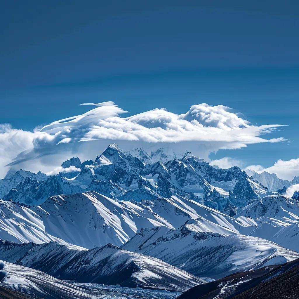uma vista panorâmica deslumbrante das montanhas nevadas dos andes no chile, com picos dramáticos cobertos de neve pura, sob um céu azul profundo e nuvens suaves, capturando a majestade e a tranquilidade do inverno chileno.