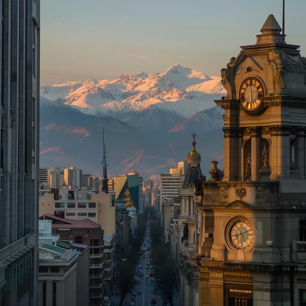uma vista impressionante da cidade de santiago, com um grande relógio ao ar livre em um edifício histórico na praça, enquanto as montanhas dos andes se erguem ao fundo sob a luz dourada do final da tarde.