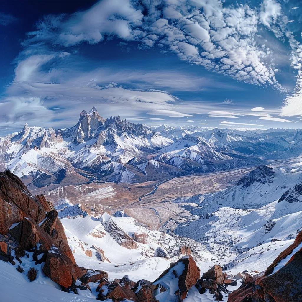uma impressionante vista panorâmica das imponentes montanhas nevadas dos andes chilenos, com picos dramáticos envoltos em um manto de neve branca, sob um céu azul vibrante e nuvens suaves, transmitindo a beleza majestosa e a tranquilidade do inverno chileno.