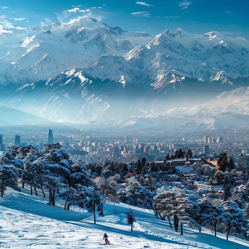uma vista impressionante das montanhas dos andes no chile em dezembro, com o topo coberto de neve e esquiadores descendo pelas encostas, enquanto uma cidade vibrante e ensolarada se destaca ao fundo, refletindo a diversidade climática do país.