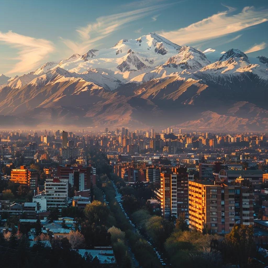 uma vista deslumbrante das montanhas andes no chile em dezembro, com picos cobertos de neve e esquiadores desfrutando das pistas de alta performance, enquanto abaixo, uma cidade luminosa e ensolarada exibe moradores vestindo roupas de verão, refletindo a diversidade climática do local.