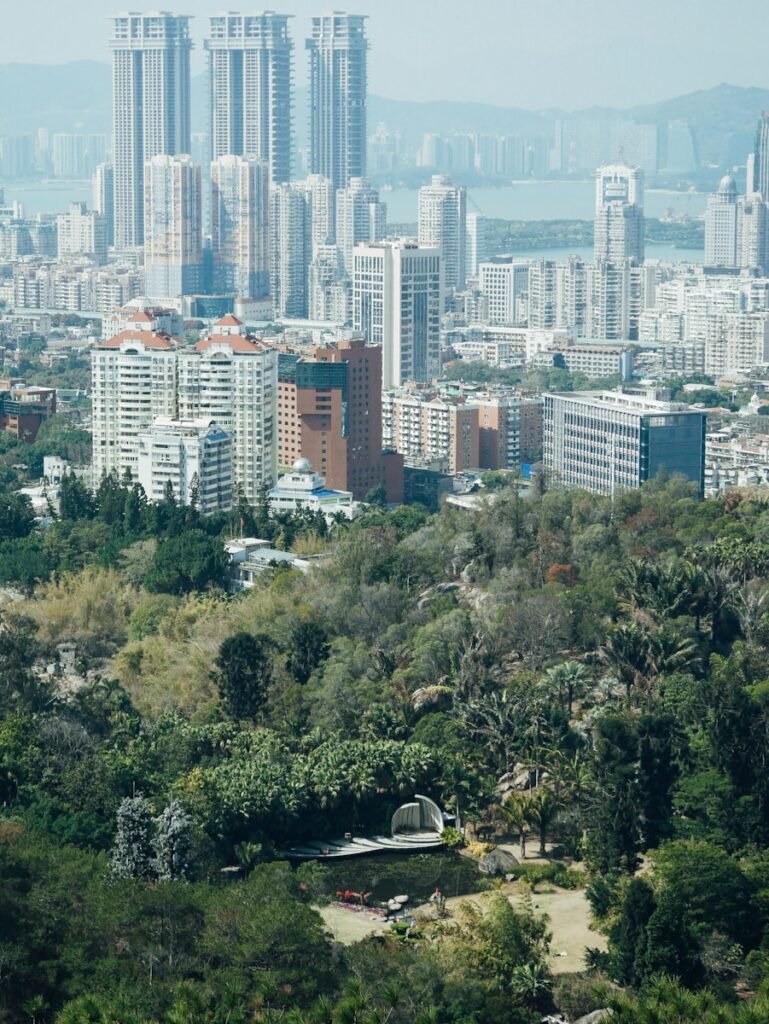 uma vista de uma cidade a partir de uma colina