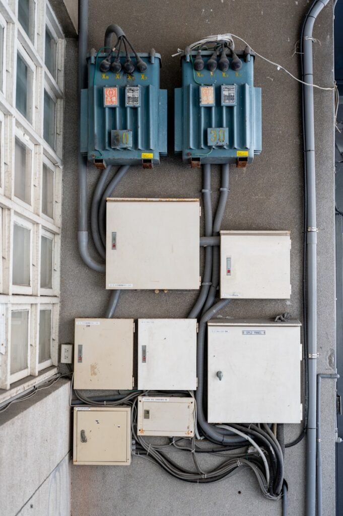 Caixas elétricas e transformadores montados na parede.