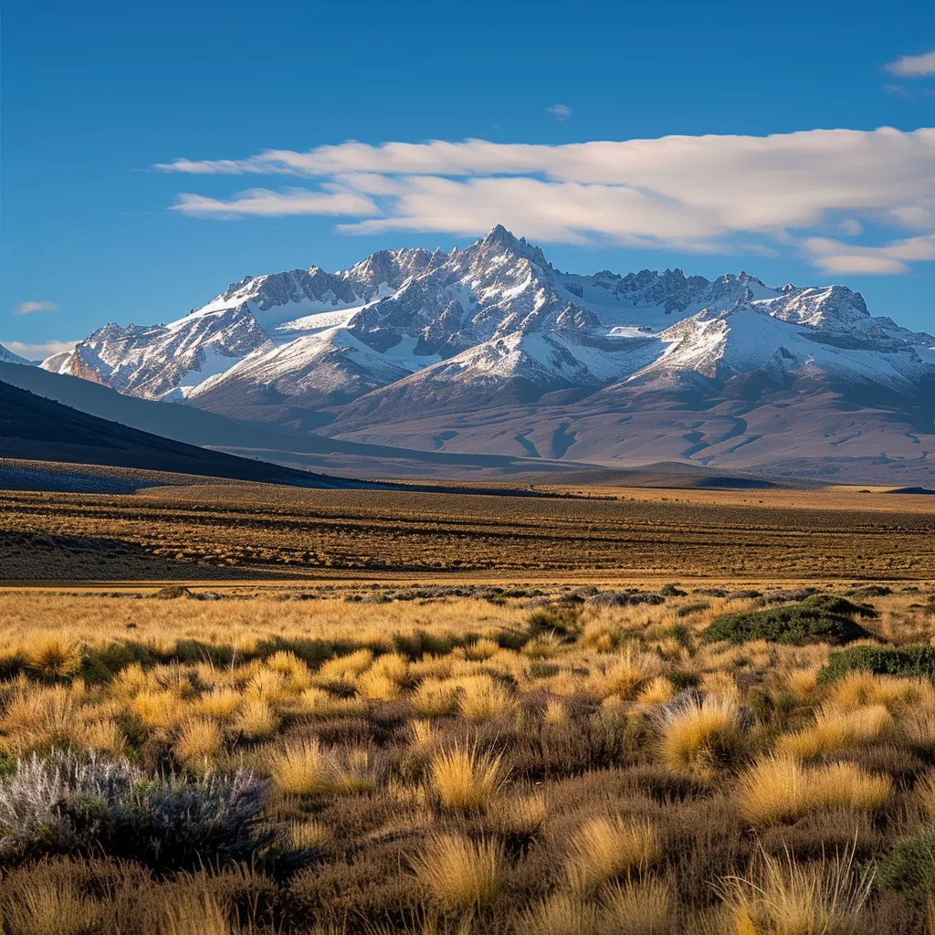 uma paisagem deslumbrante da patagônia, argentina, exibindo montanhas cobertas de neve, lagos cristalinos e vastas pradarias sob um céu azul vibrante, com a presença majestosa de guanacos e condors, refletindo a beleza natural e a tranquilidade remota da região.