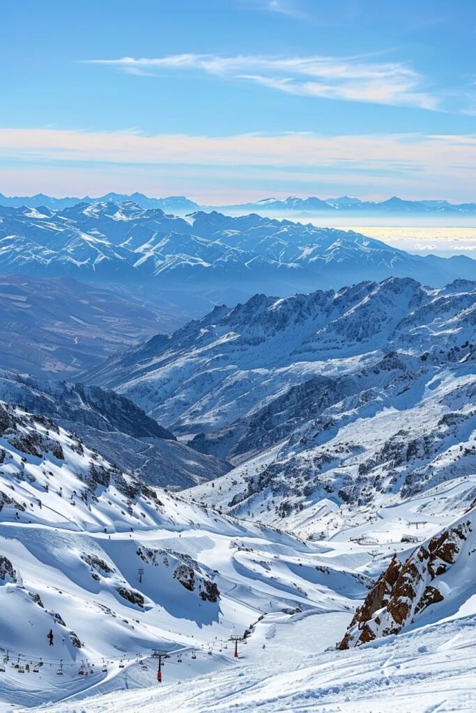 uma impressionante vista das montanhas de santiago, com esquiadores descendo pelas encostas cobertas de neve sob um céu azul iluminado pelo sol, refletindo a emocionante experiência de aventura na capital chilena. uma impressionante vista das montanhas de santiago, com esquiadores descendo pelas encostas cobertas de neve sob um céu azul iluminado pelo sol, refletindo a emocionante experiência de aventura na capital chilena.