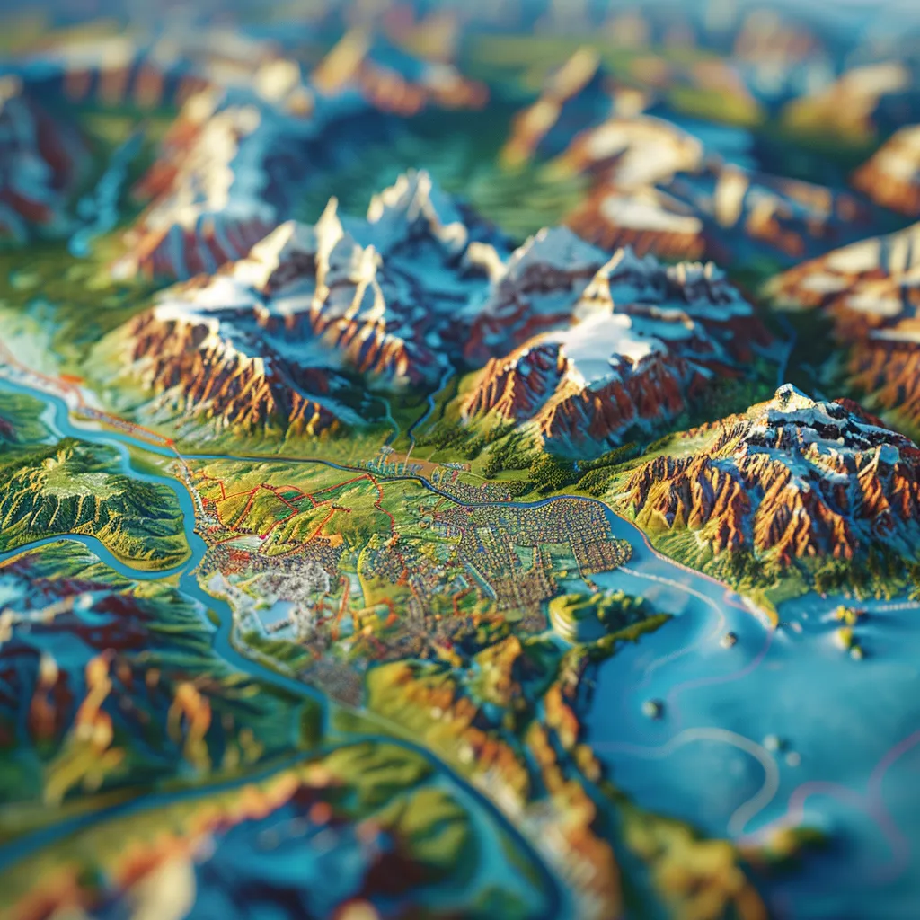 um mapa detalhado da patagônia destaca as majestosas montanhas andes e glaciares, com cores vivas e marcas claras das regiões chilena e argentina, ressaltando cidades e destinos turísticos icônicos.