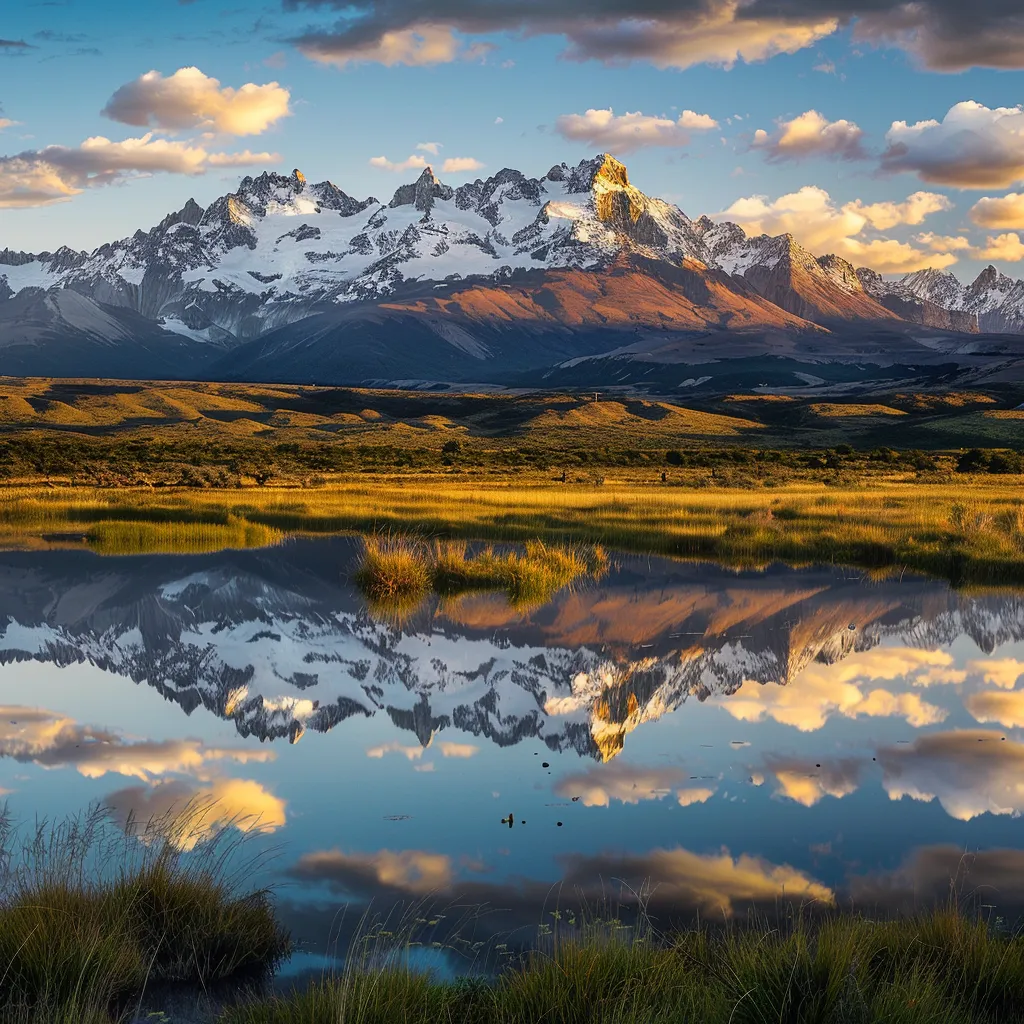 uma vasta paisagem da patagônia, argentina, apresenta majestosas montanhas cobertas de neve refletindo em lagos cristalinos, cercadas por amplos campos verdejantes e repleta de vida selvagem, como guanacos sob um céu vibrante.