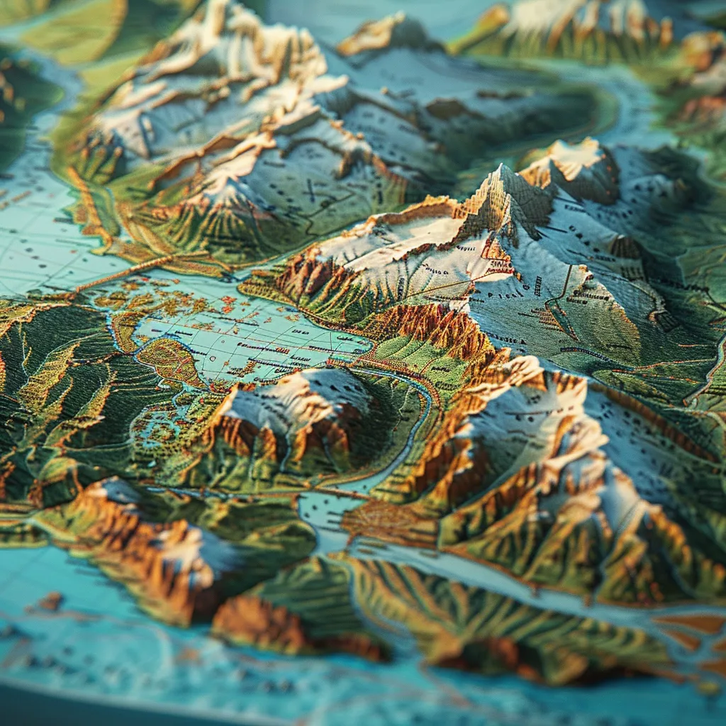 um mapa detalhado e vibrante da patagônia, destacando as impressionantes cordilheiras dos andes, glaciares cintilantes e as principais cidades e destinos turísticos tanto da região chilena quanto argentina, sob uma iluminação suave que realça as características geográficas.