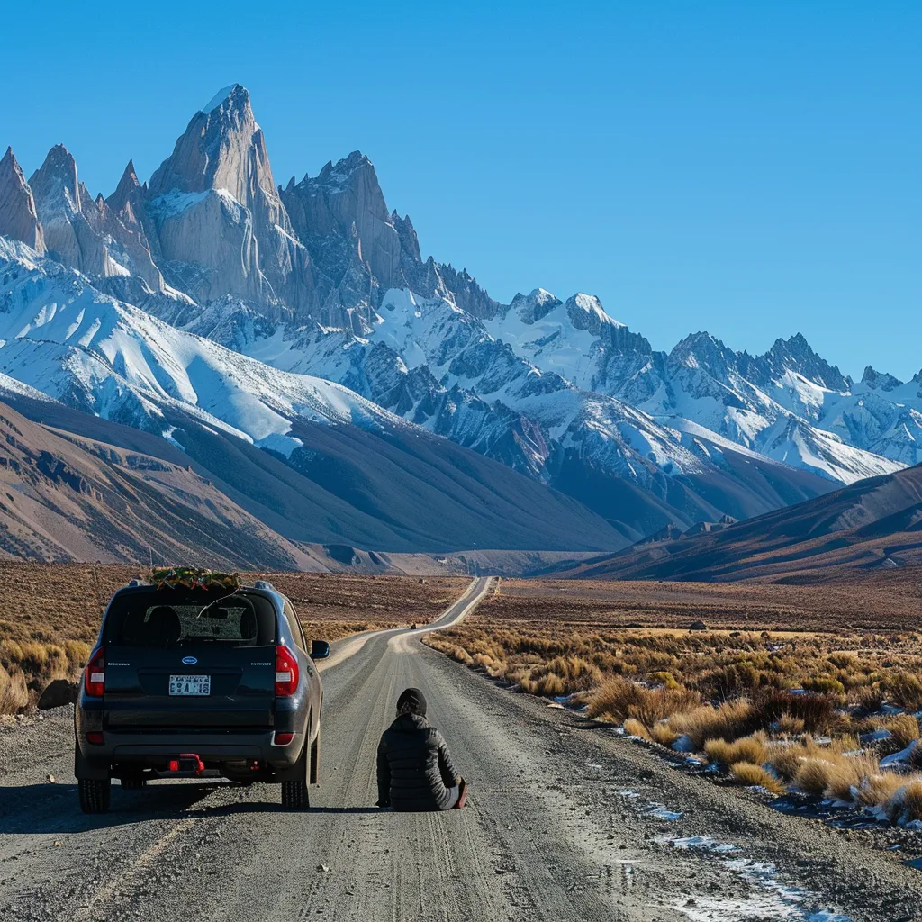 um viajante pensativo ao lado de um carro alugado em uma estrada cênica dos andes chilenos, cercado por montanhas majestosas sob um céu limpo e azul.