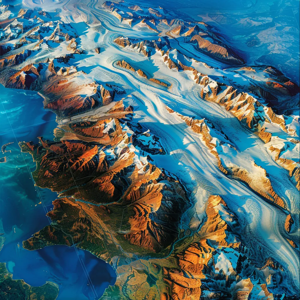 um mapa impressionante da patagônia, destacando as regiões chilena e argentina, com montanhas majestosas dos andes e glaciares vívidos sob uma luz suave ao amanhecer.