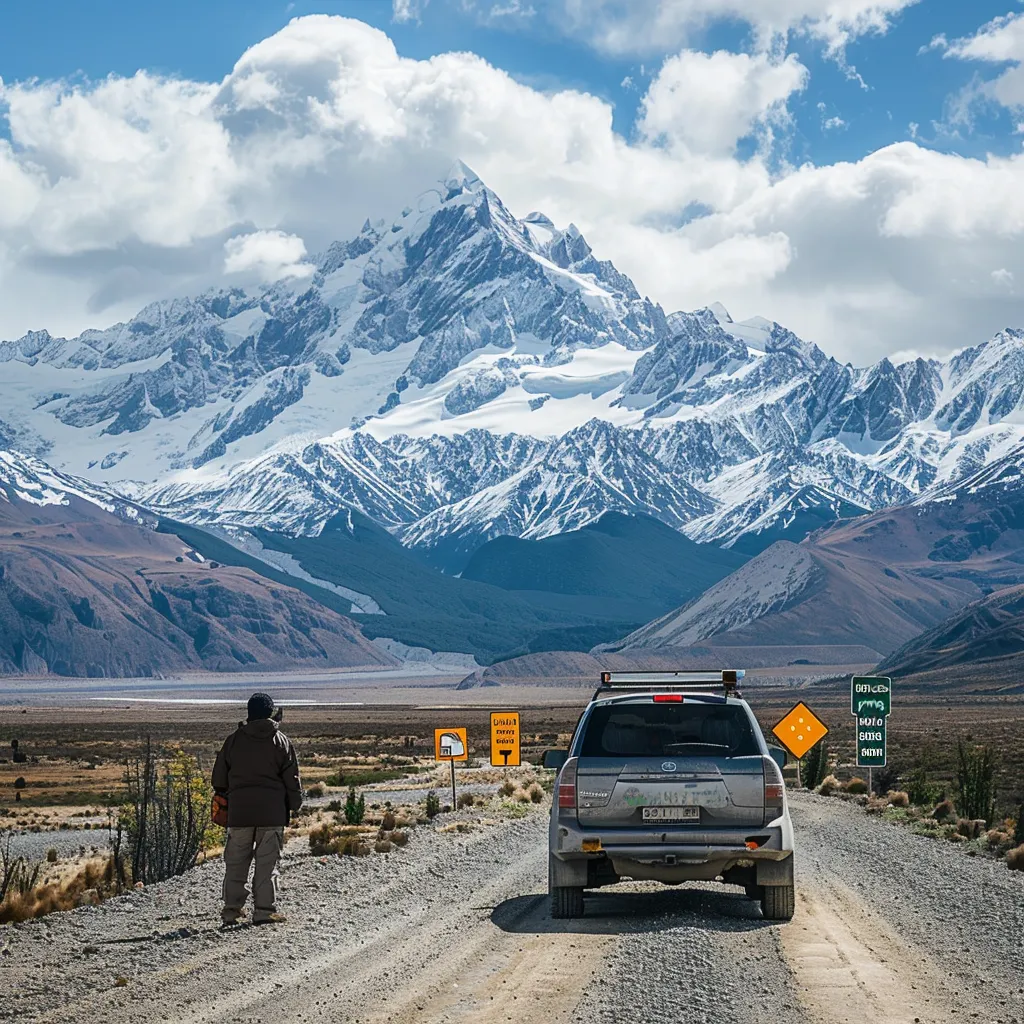 um viajante contemplativo ao lado de um carro alugado em uma estrada montanhosa cênica do chile, com as majestosas montanhas dos andes ao fundo, cercado por placas de trânsito que indicam destinos próximos.
