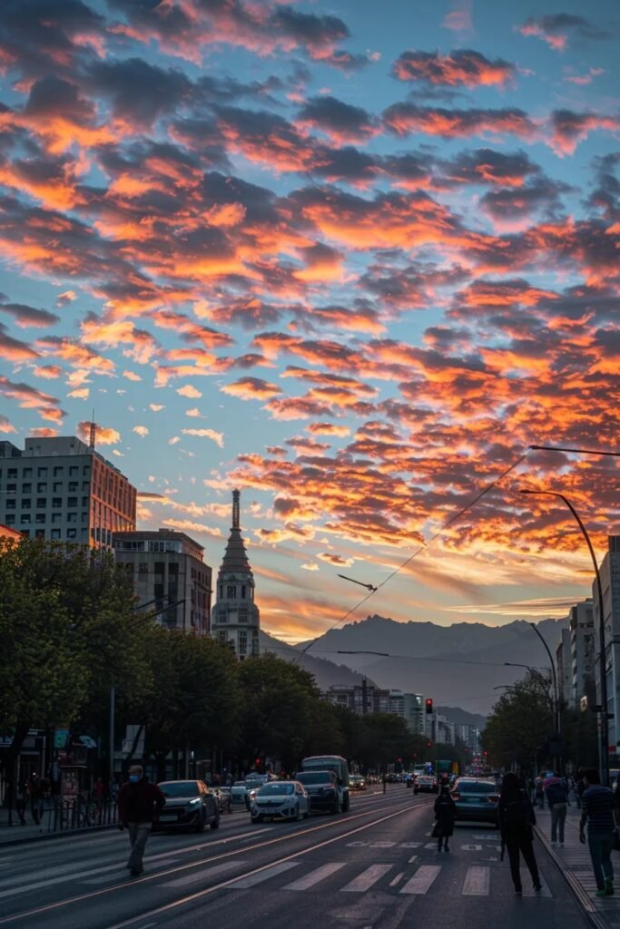 um vibrante pôr do sol sobre a imponente linha do horizonte de santiago, com as montanhas dos andes ao fundo e pessoas explorando as ruas animadas da cidade, refletindo a energia e a cultura chilena.