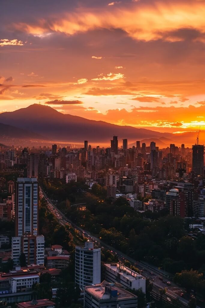 um vibrante pôr do sol sobre santiago, com o cerro san cristóbal ao fundo e a cidade pulsando de vida, criando uma atmosfera de exploração e cultura.
