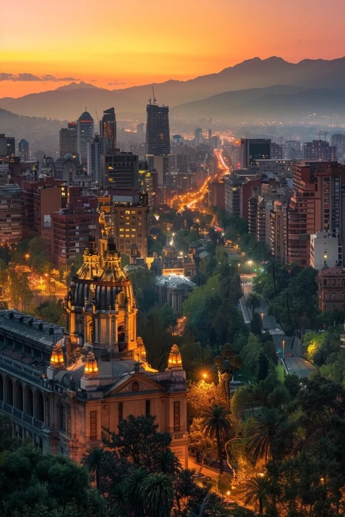 uma vista panorâmica deslumbrante dos monumentos históricos de santiago, iluminados pelo sol poente, destacando a rica herança cultural da cidade e suas impressionantes coleções de arte.