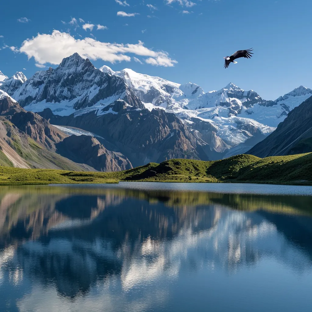 uma paisagem deslumbrante da patagônia argentina, com montanhas cobertas de neve refletindo em lagos cristalinos, vastas pradarias verdes e a presença majestosa de um condor em voo, destacando a beleza natural e a tranquilidade da região.