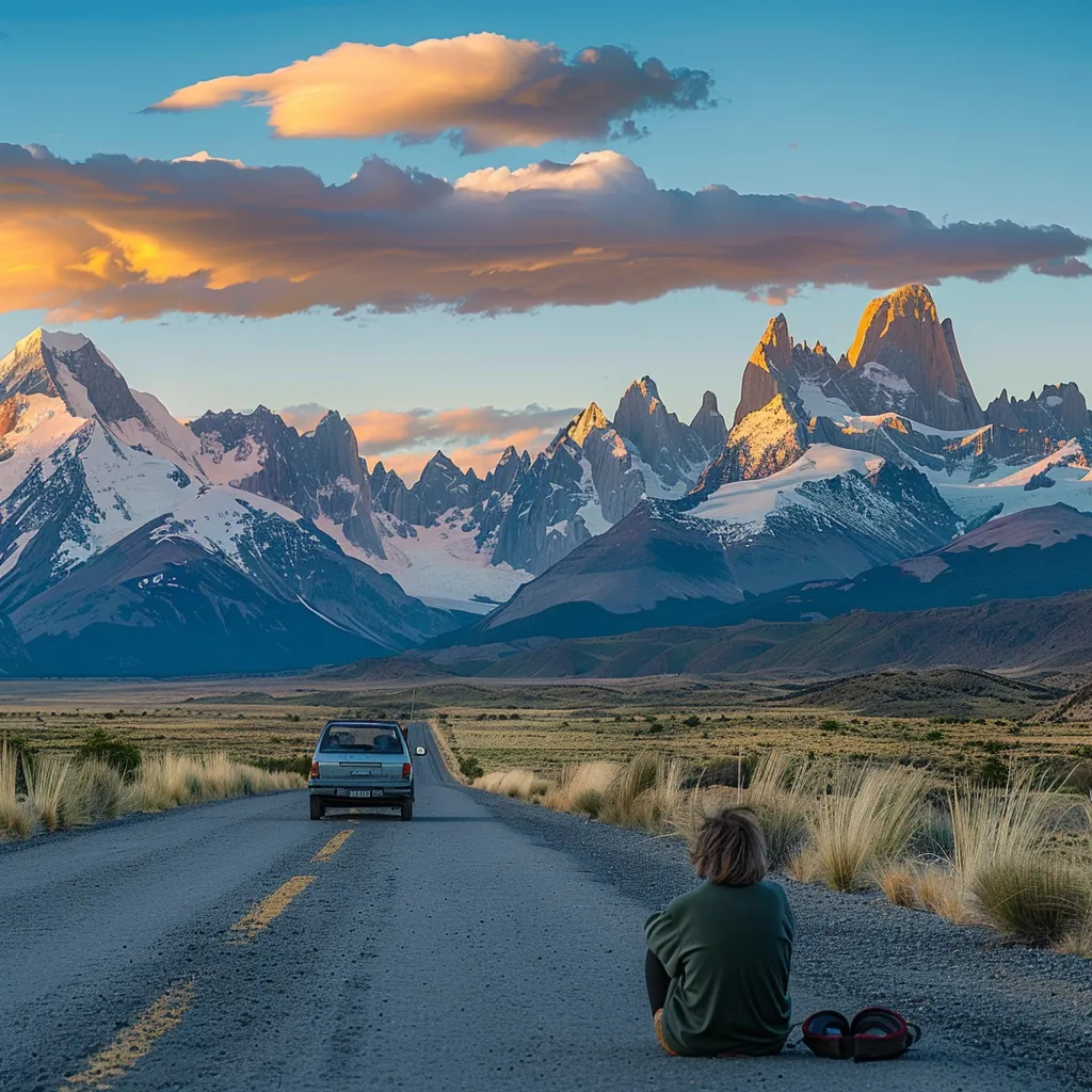 um viajante contemplativo ao lado de um carro alugado em uma estrada montanhosa bem pavimentada, com as majestosas montanhas dos andes ao fundo sob a luz suave do pôr do sol.