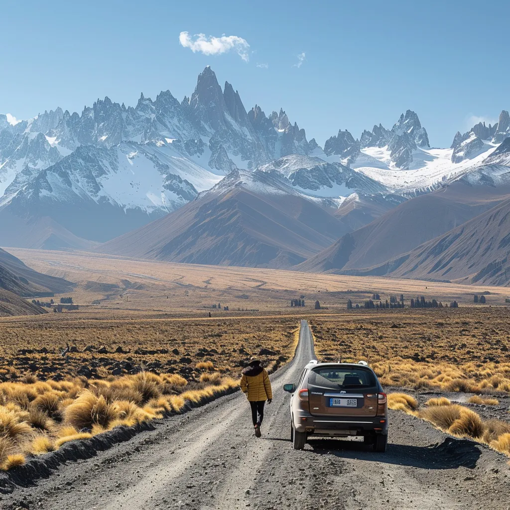 um viajante contemplativo ao lado de um carro alugado em uma estrada cênica de montanha no chile, com os majestosos andes ao fundo sob um céu claro, evocando a liberdade da exploração.