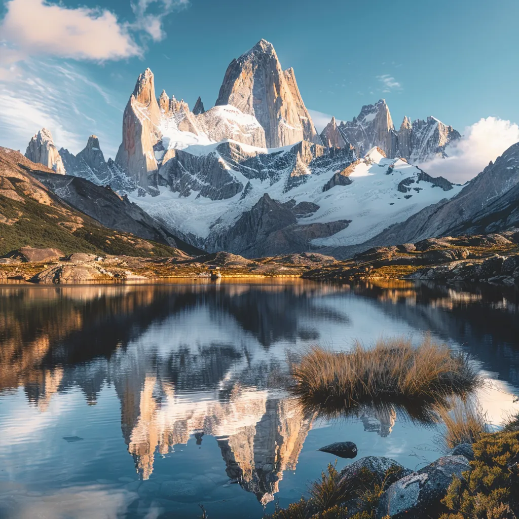 uma paisagem deslumbrante da patagônia argentina, com montanhas cobertas de neve, lagos cristalinos e vastas pradarias, capturando a beleza natural vibrante e a tranquilidade da região, com a presença de glaciares e a majestade de guanacos ao fundo.