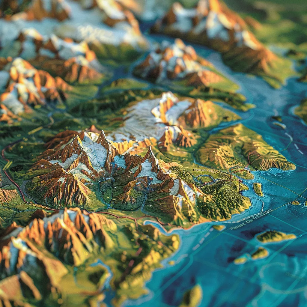 um mapa detalhado e vibrante da patagônia, destacando as regiões chilena e argentina, com os majestosos andes ao fundo, glaciares cintilantes e pontos turísticos icônicos bem definidos.