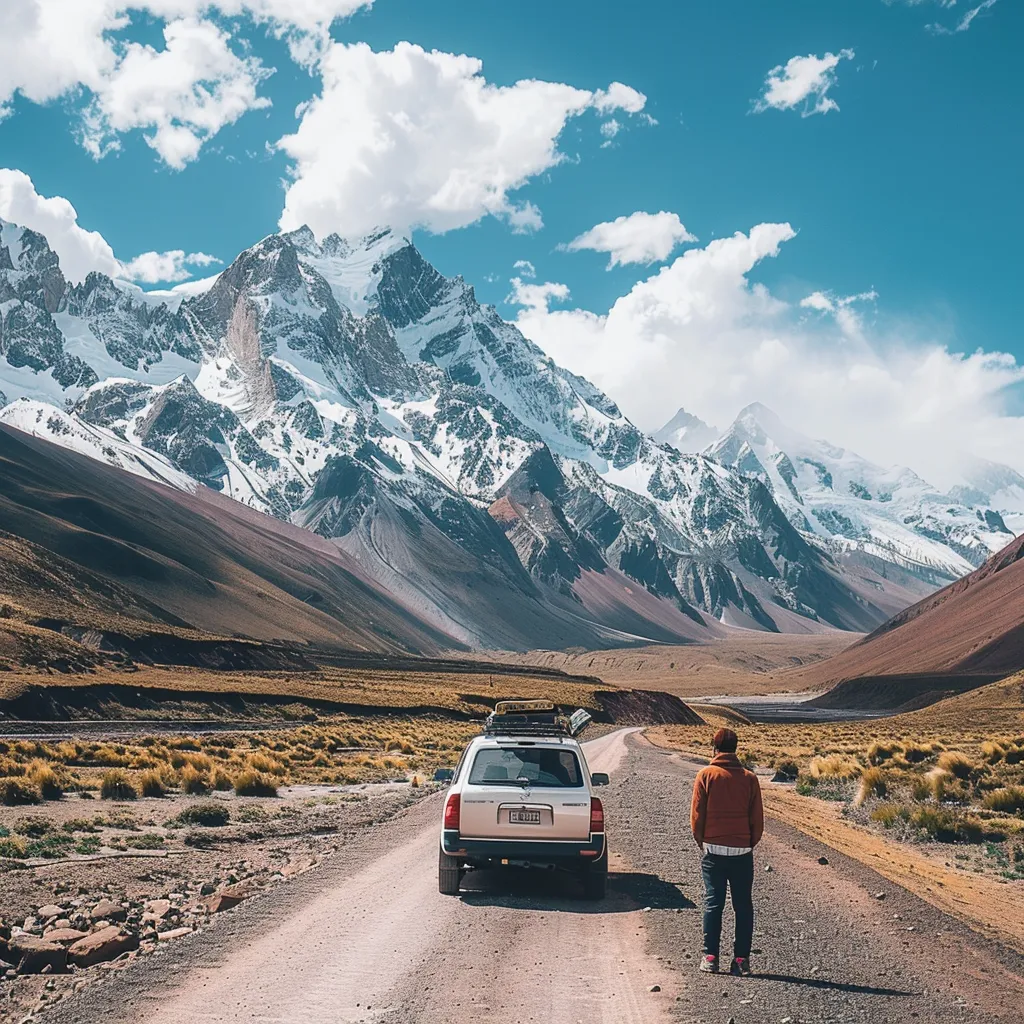 um viajante contemplativo ao lado de um carro alugado em uma estrondosa estrada montanhosa no chile, com majestosas montanhas dos andes ao fundo sob um céu azul.