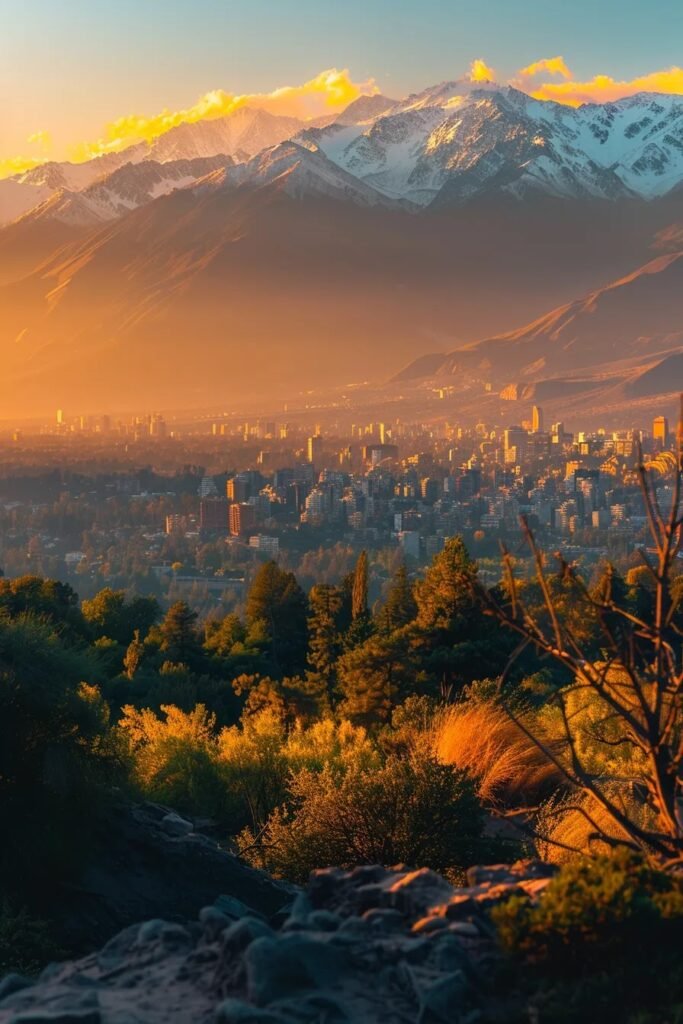 uma vista panorâmica deslumbrante das montanhas majestosas cercando santiago, destacando o contraste entre a cidade vibrante e o deserto ao fundo sob uma luz dourada de pôr do sol.